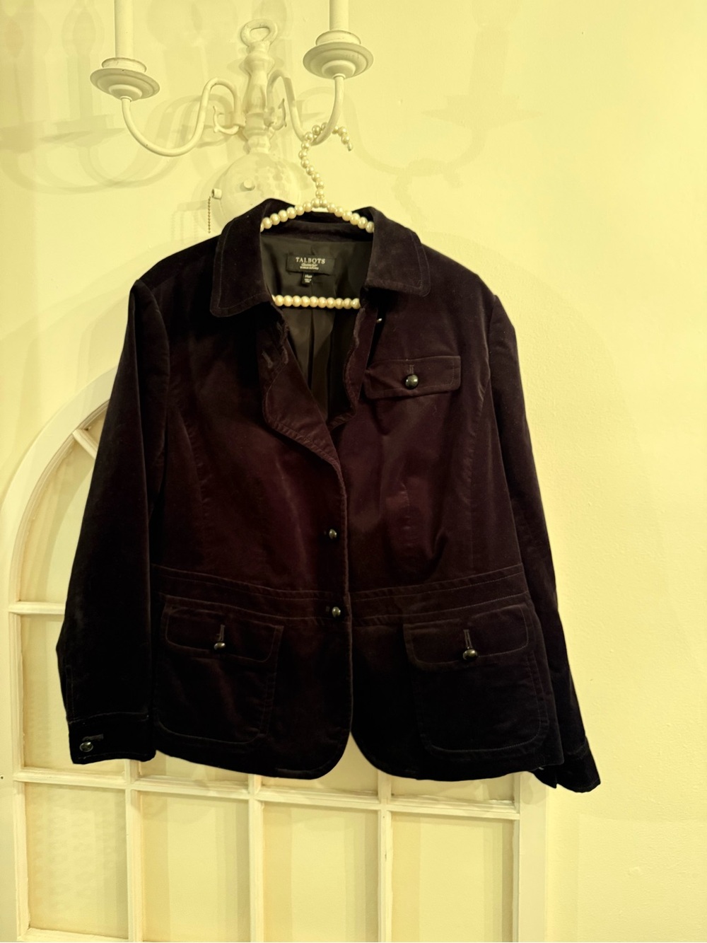 Talbots Women Petites 14 Black Velvet Button Front Blazer Jacket Utility Pocket - Picture 9 of 14